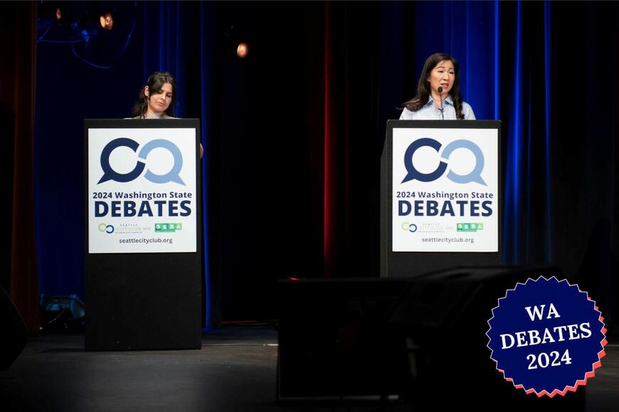 Alexis Mercedes Rinck and Tanya Woo debating on stage